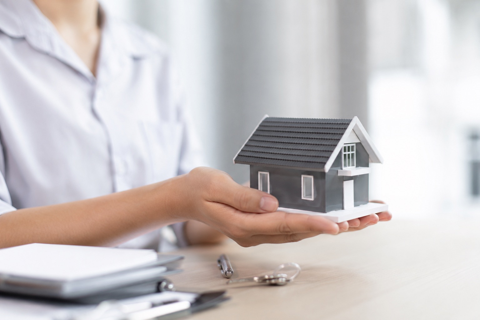 A professional gently holding a model home, representing careful guidance for homeowners