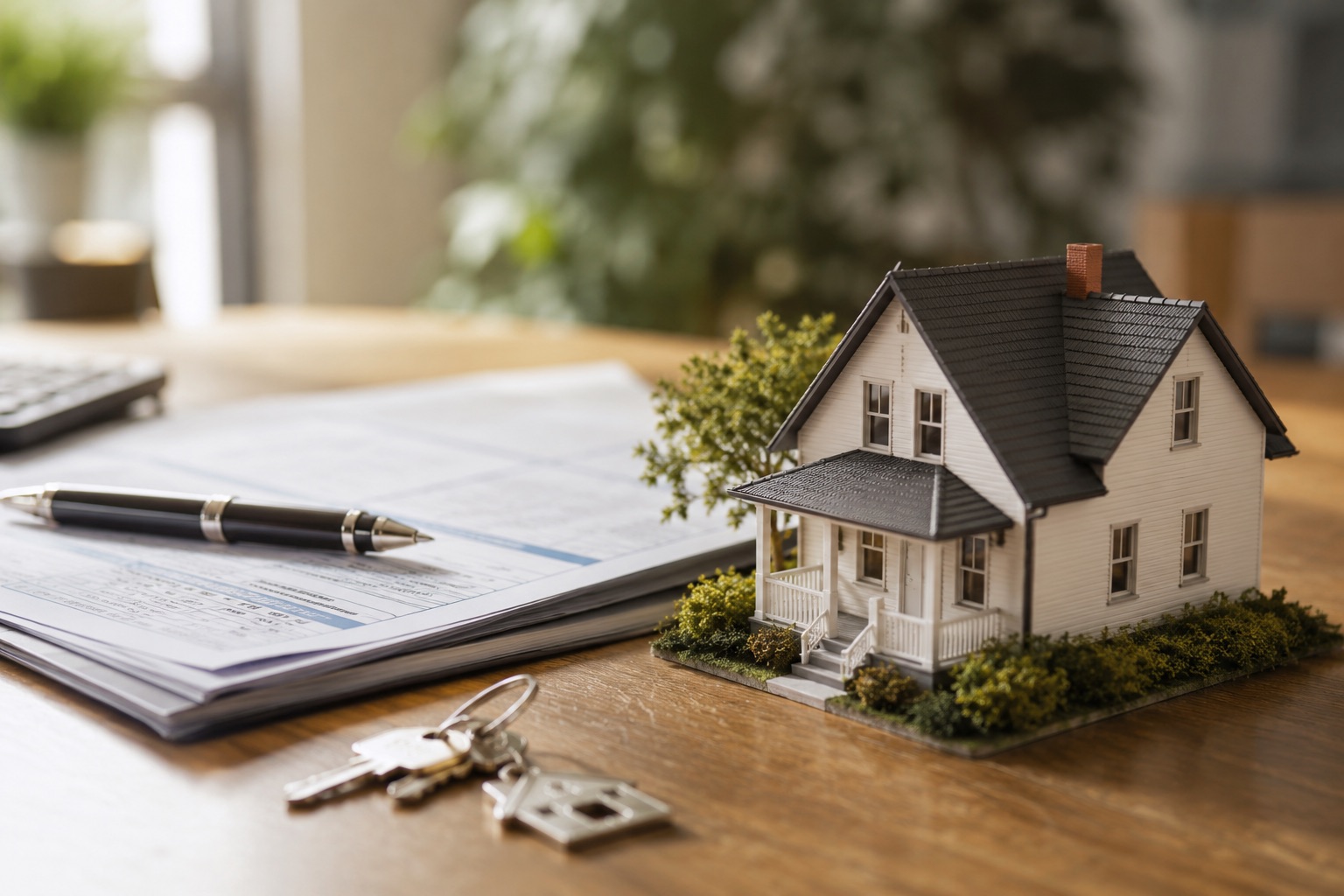 A model home beside house keys and mortgage documents on a desk